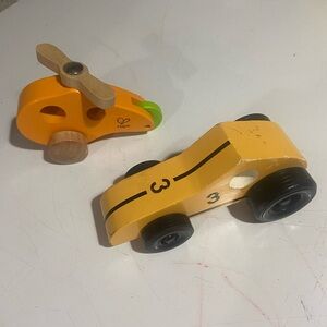 Hape Yellow Wooden Race Car and Helicopter